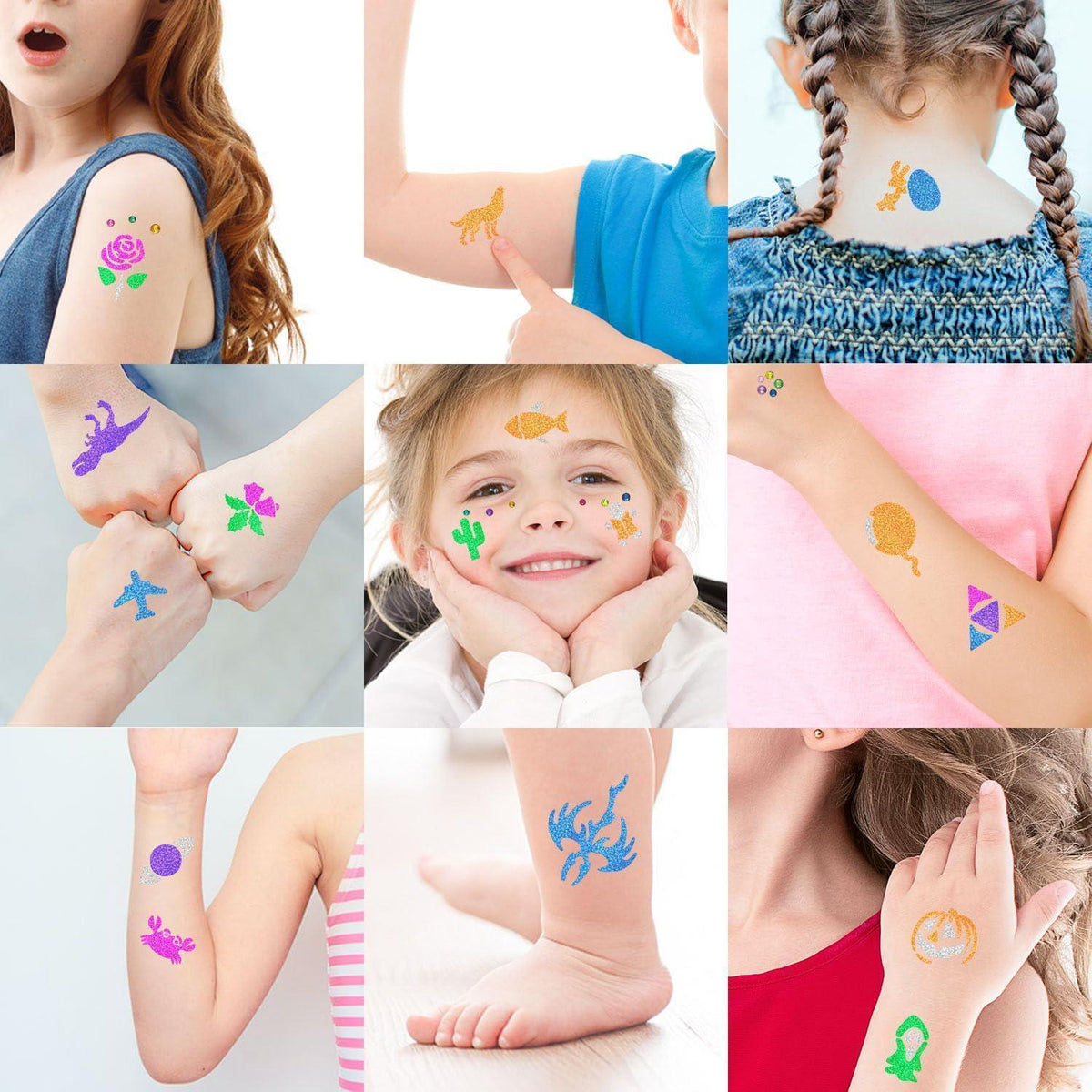 Glitzer Tattoo Set Kinder mit 148 Schablonen & Leucht-Tattoos