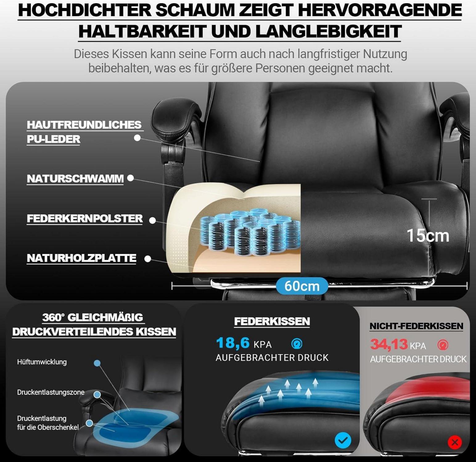 Ergonomischer Bürostuhl 200kg, breite Sitzfläche, verstellbare