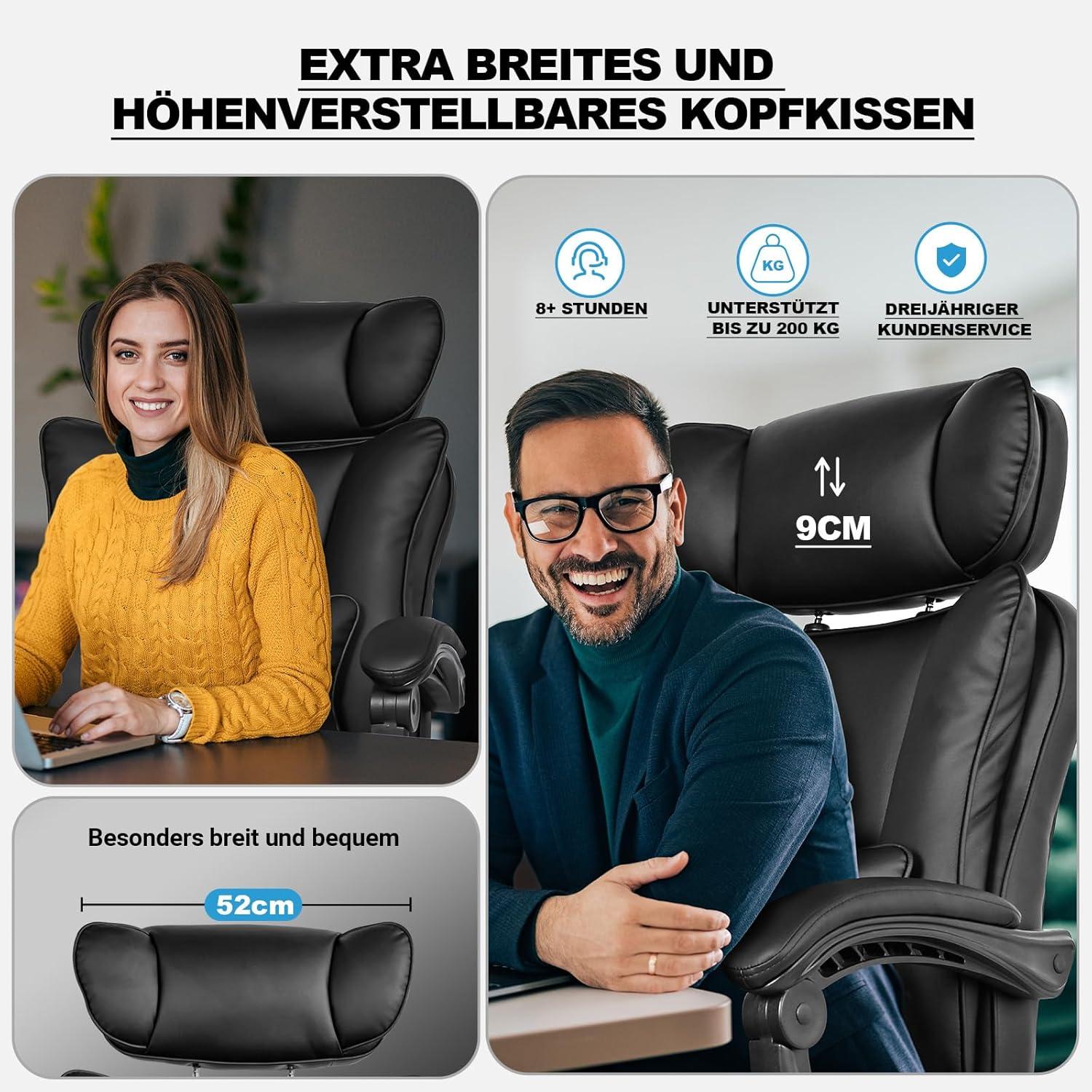 Bürostuhl 200kg Ergonomischer Chefsessel Sitzfläche breit Kopfstütze verstellbar Schwarz