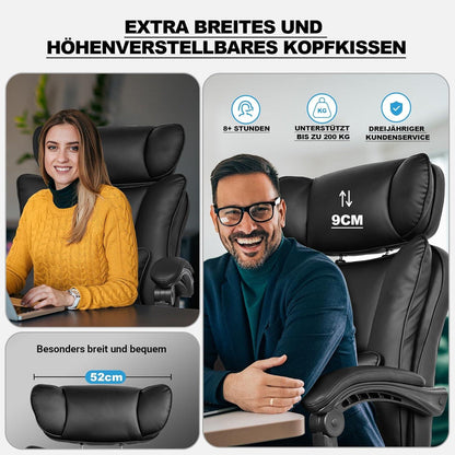 Bürostuhl 200kg Ergonomischer Chefsessel Sitzfläche breit Kopfstütze verstellbar Schwarz