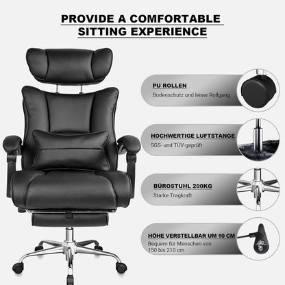 Bürostuhl 200kg Ergonomischer Chefsessel Sitzfläche breit Kopfstütze verstellbar Schwarz