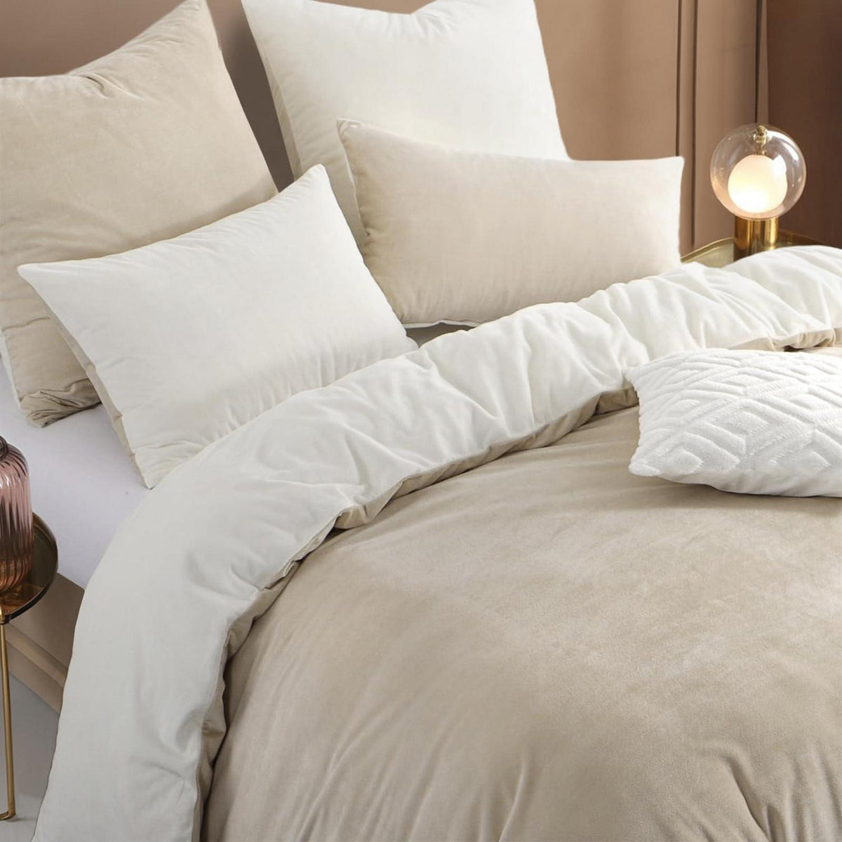Kuschelige Flanell Bettwäsche 155x220 Beige-Weiß 2teilig