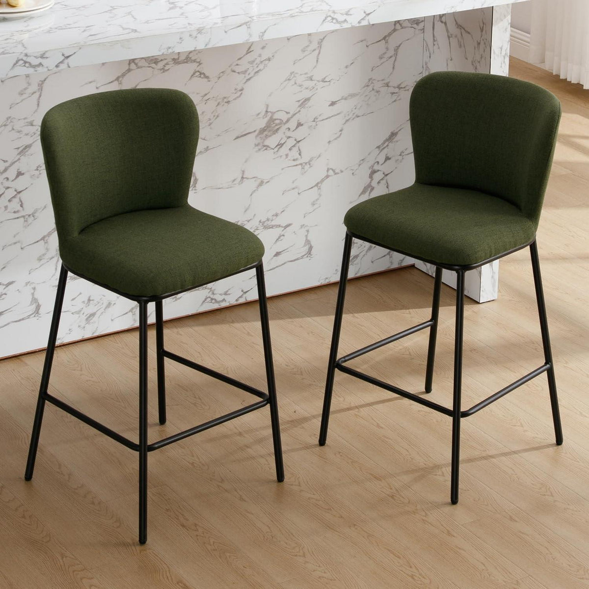 Grüner Barhocker Set (2x) mit Lehne & Fußstütze
