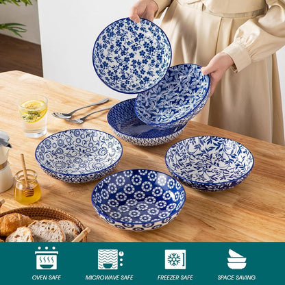 vancasso Porzellan Pastateller 6er Set 1200ml Blau-Weiß Blumen