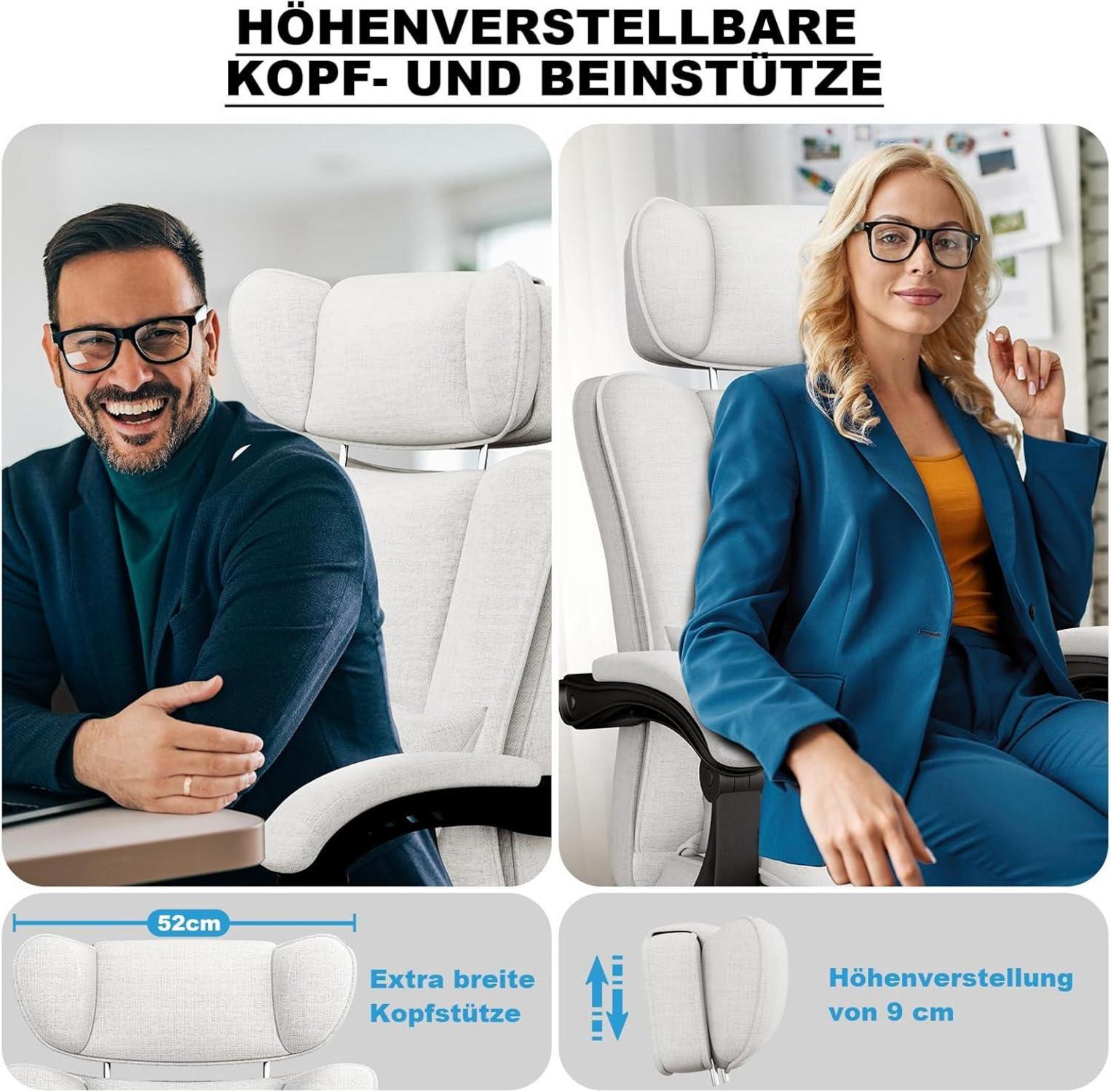 Ergonomischer Bürostuhl 200kg, Breite 58cm, verstellbare Kopfstütze, Fußstütze, EN12520, Grau