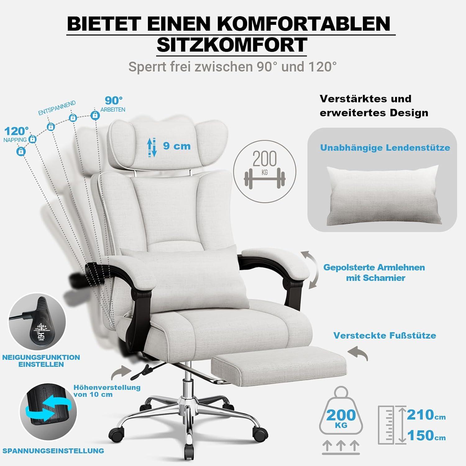 Ergonomischer Bürostuhl 200kg, Chefsessel, 58cm Sitzfläche, verstellbare