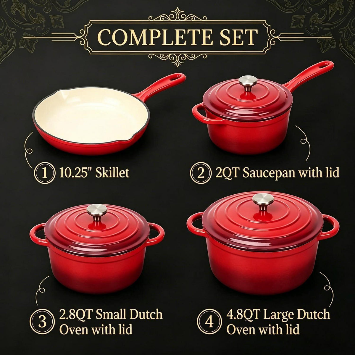 Gusseisen Kochgeschirr Set 4-teilig Rot – Ofenfest & Antihaft