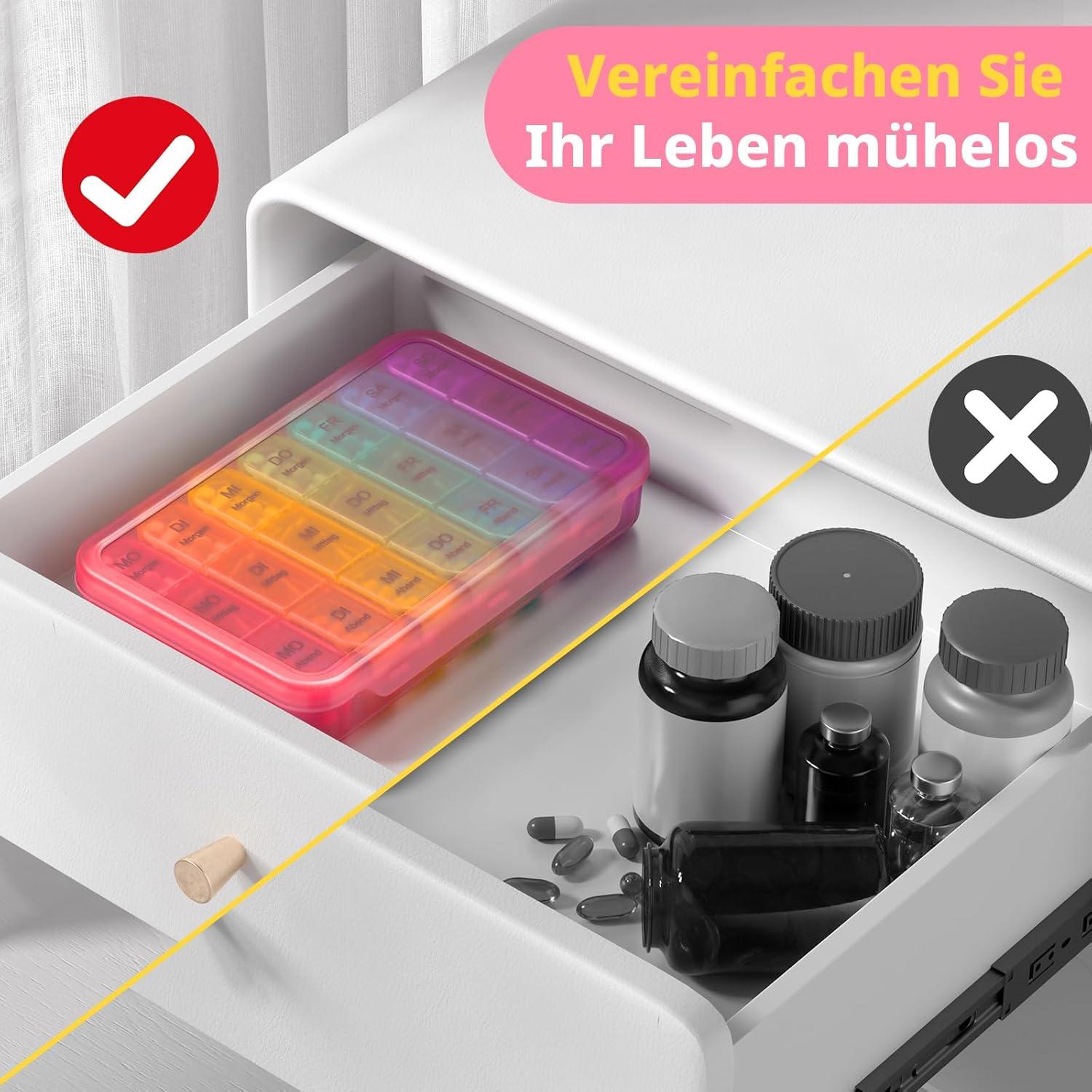 Tablettenbox 7 Tage Reise Pillendose 3 Fächer Farbig & Feuchtigkeitsfest Pink