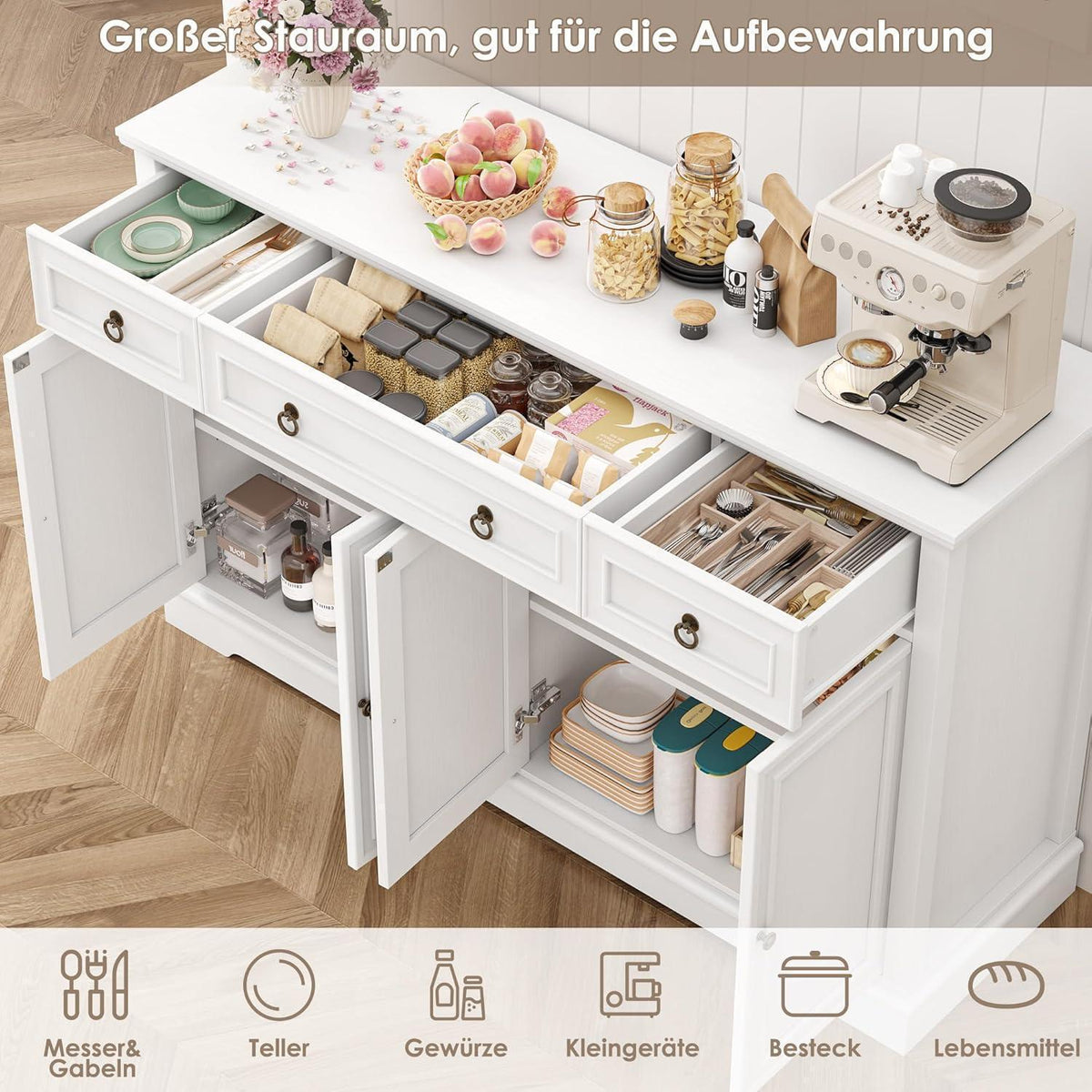 Weißes Sideboard mit Arbeitsplatte & 3 Schubladen