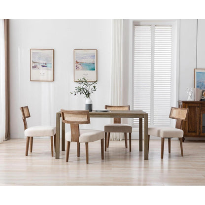 Esszimmerstühle 2er Set Leinen & Rattan Vintage Holzstuhl Beige