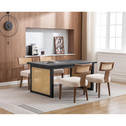 Esszimmerstühle 2er Set Leinen & Rattan Vintage Holzstuhl Beige