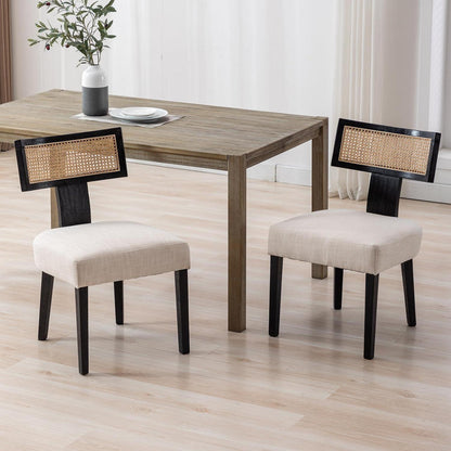 Esszimmerstühle 2er Set Leinen & Rattan Vintage Schwarz