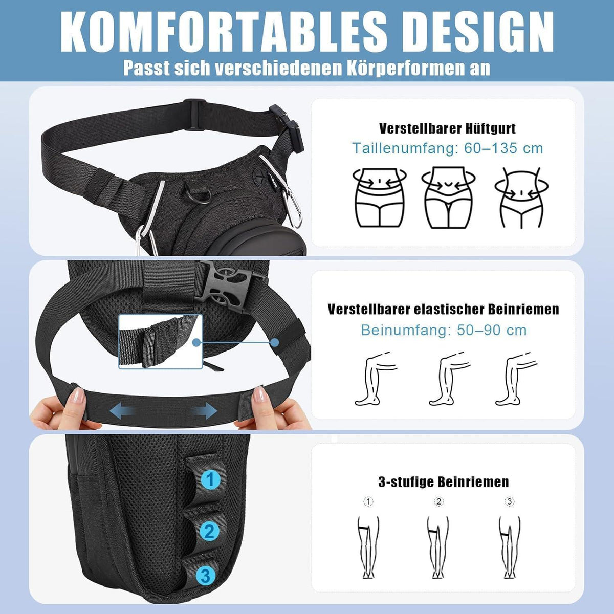 Motorrad Beintasche mit Flaschenhalter & Karabinern