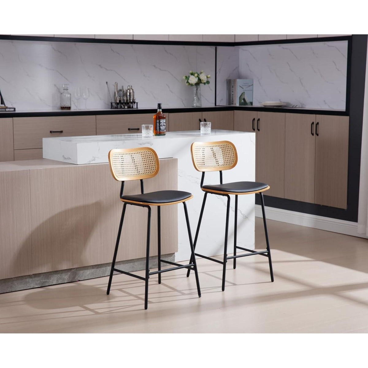 Rattan Barhocker 2er Set mit Sitzfläche Schwarz in Lederoptik