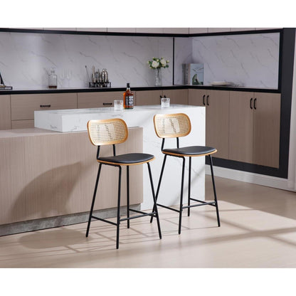 Rattan Barhocker 2er Set mit Sitzfläche Schwarz in Lederoptik