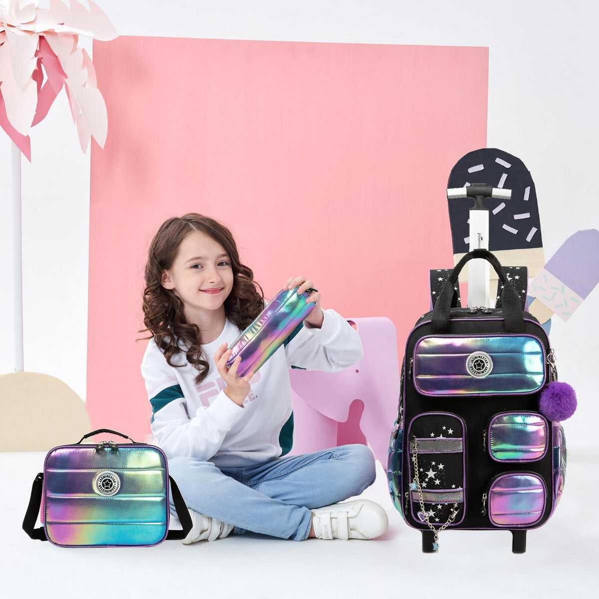 Schultrolley Mädchen Lila & Schwarz – Kinder Trolley Rucksack