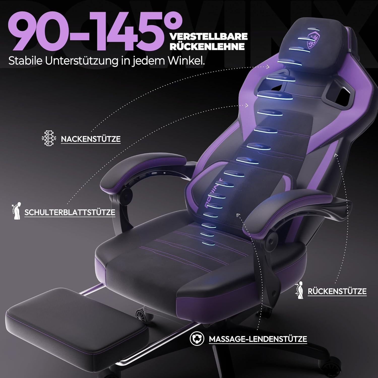 Dowinx Gaming-Stuhl PU-Leder Fußstütze Lendenstütze Rückenlehne Lila