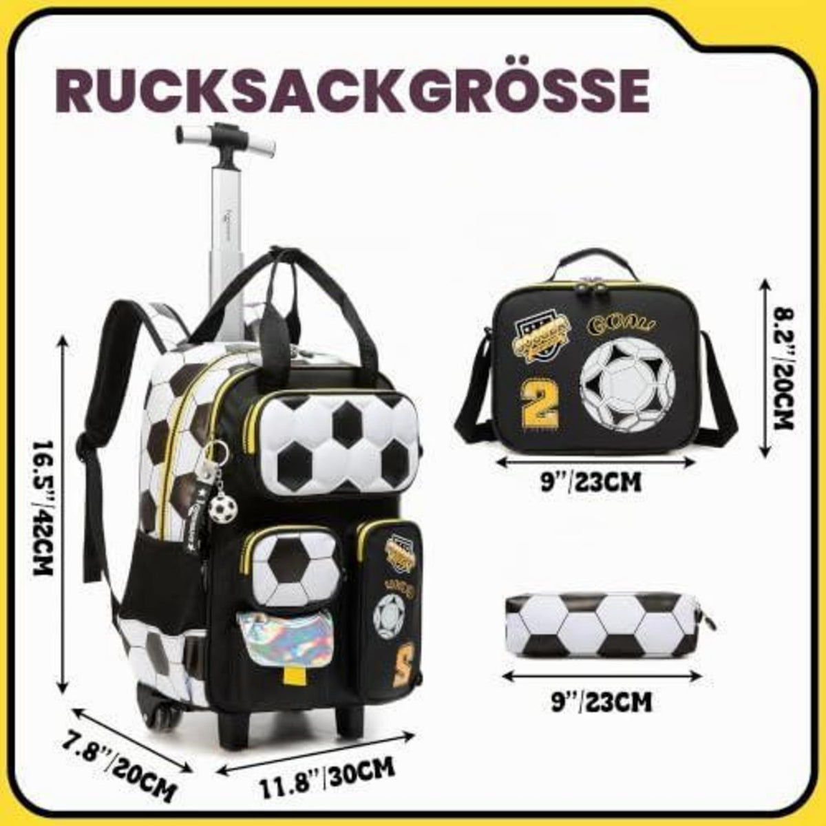 Schulranzen mit Rollen – Kinder Trolley Rucksack Fußball Design