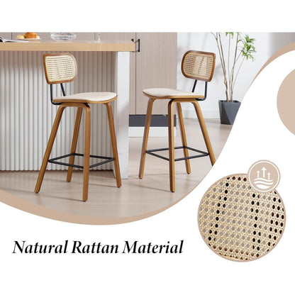 Rattan Barhocker Set 2x mit Lehne – Beige Küchenhocker