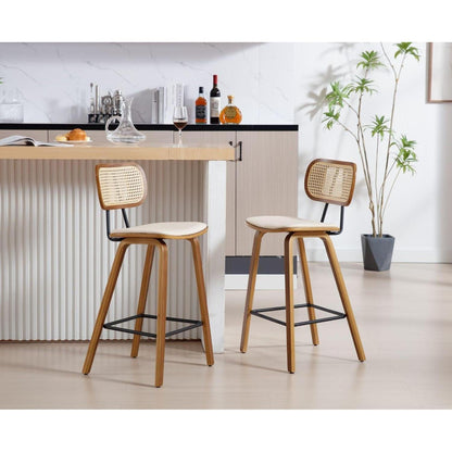 Rattan Barhocker Set 2x mit Lehne – Beige Küchenhocker