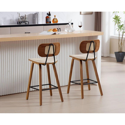 Rattan Barhocker Set 2x mit Lehne – Beige Küchenhocker