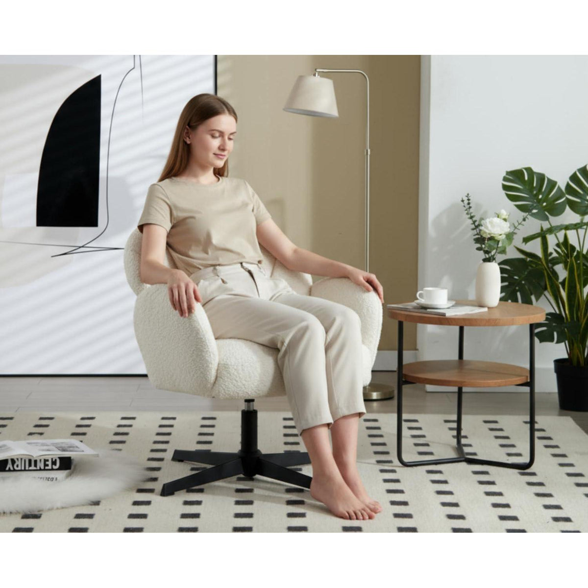 Drehbarer Ohrensessel mit Kunstfell – Weißer Loungesessel für Wohnzimmer