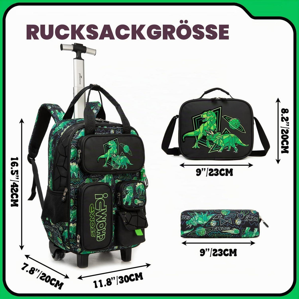Trolley Rucksack Kinder – Dino Design für Schule & Reisen