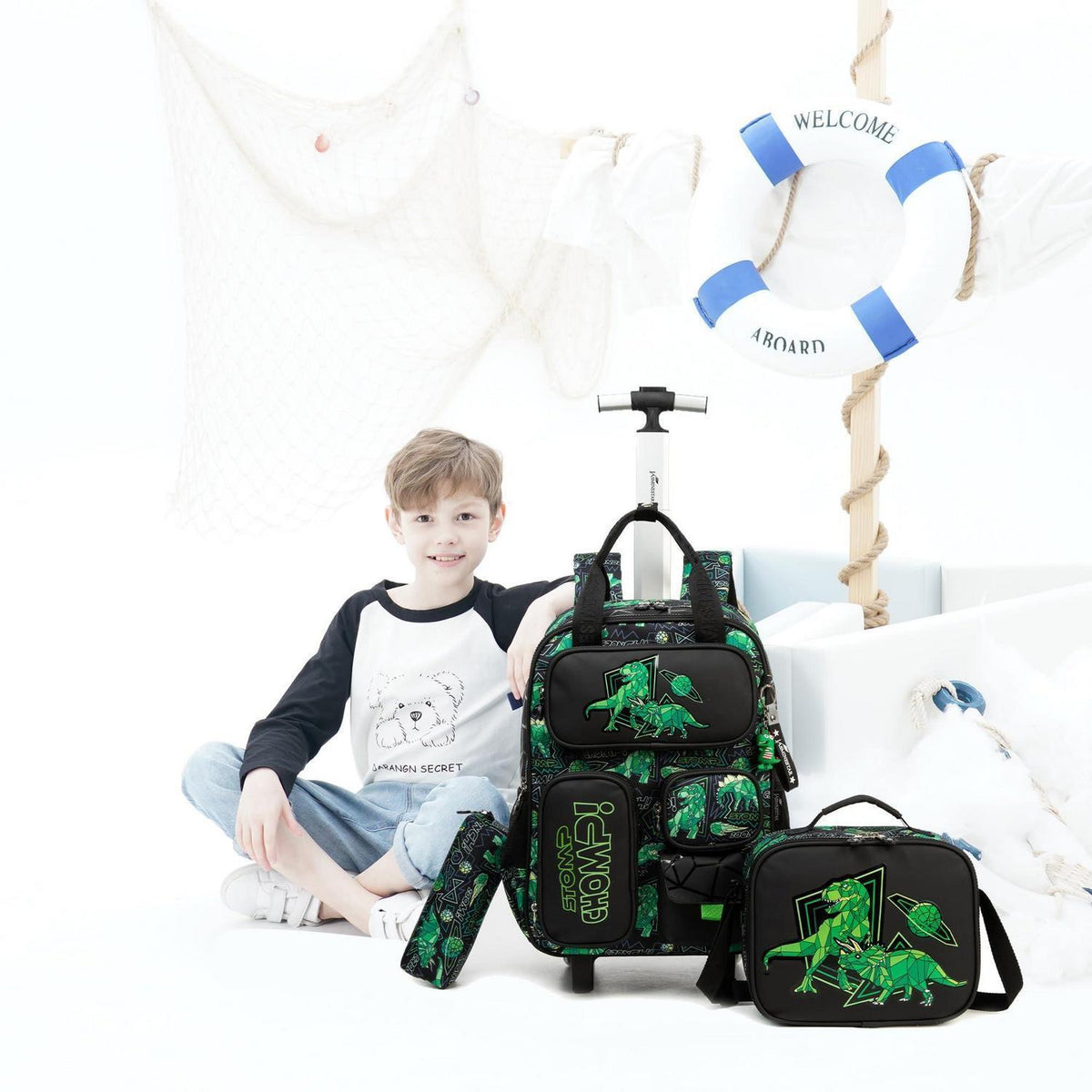 Trolley Rucksack Kinder – Dino Design für Schule & Reisen
