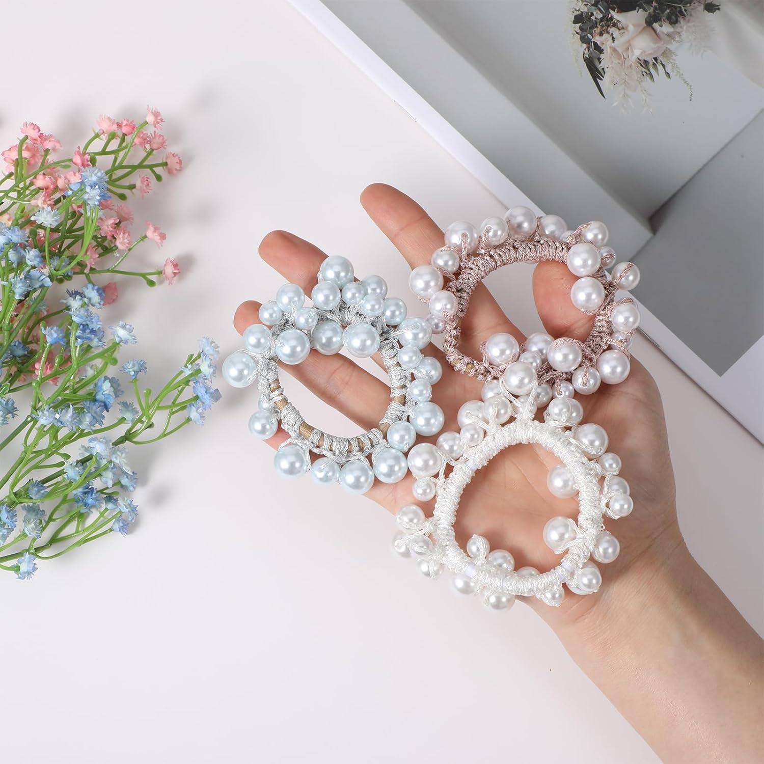 3er Set Perlen Haargummis Damen - Hochwertiger Haarschmuck für Frauen, Mädchen, Kinder