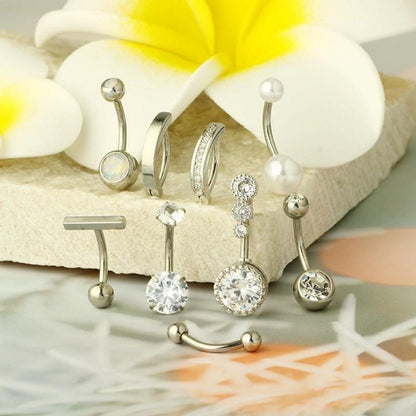 9er Set Bauchnabelpiercing Ringe 14ga 10mm - Silber Gold OPAL Perle CZ