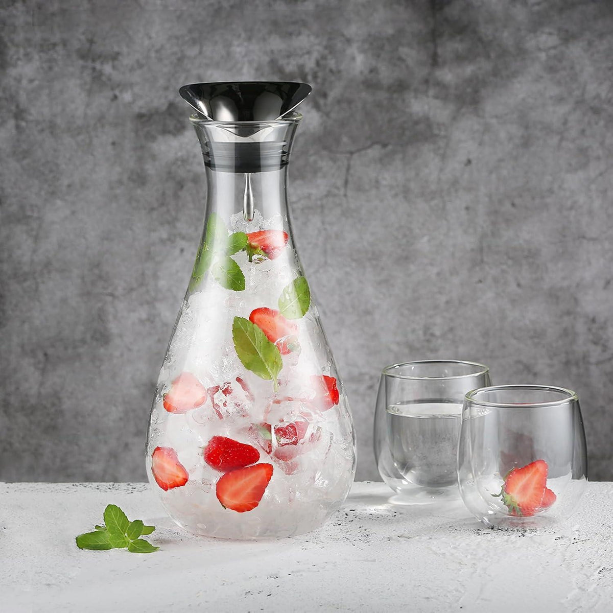 Glaskaraffe 1.8L mit Edelstahl Deckel, Borosilikatglas, tropffrei