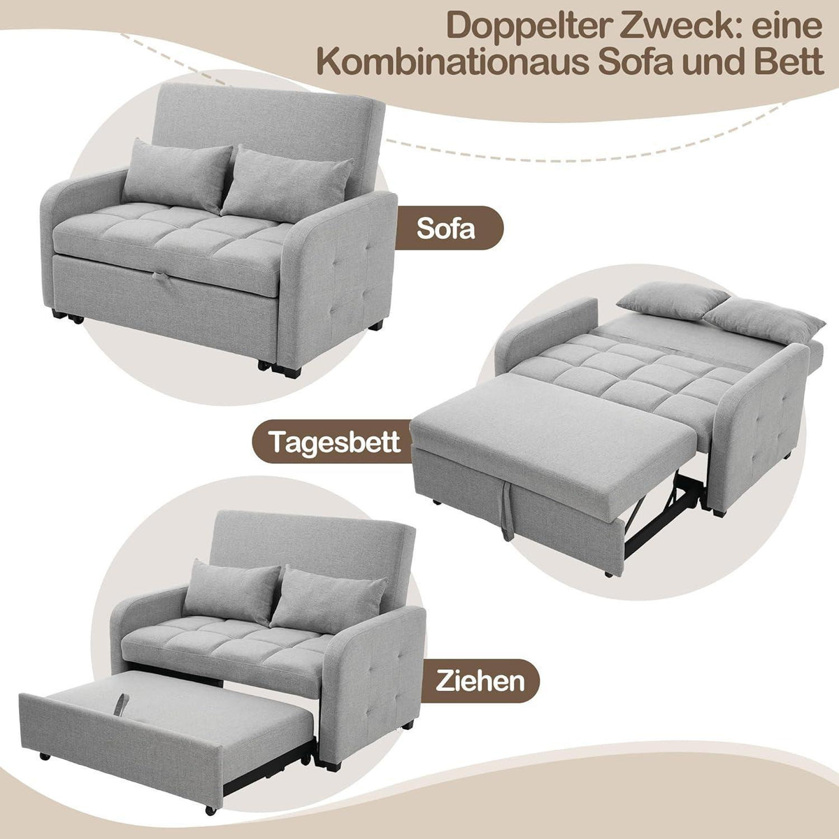 Schlafsofa 2-Sitzer mit Bettkasten & Verstelllehne (Antik Grau)
