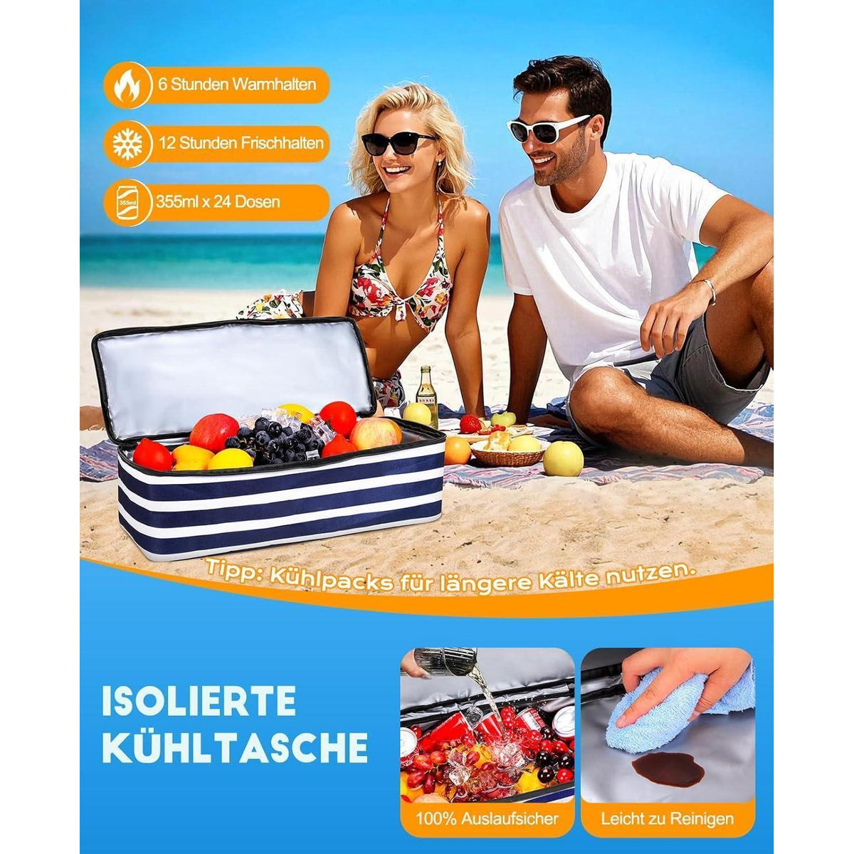 XXL Strandtasche Familie mit Kühltasche – Wasserdicht & 49L