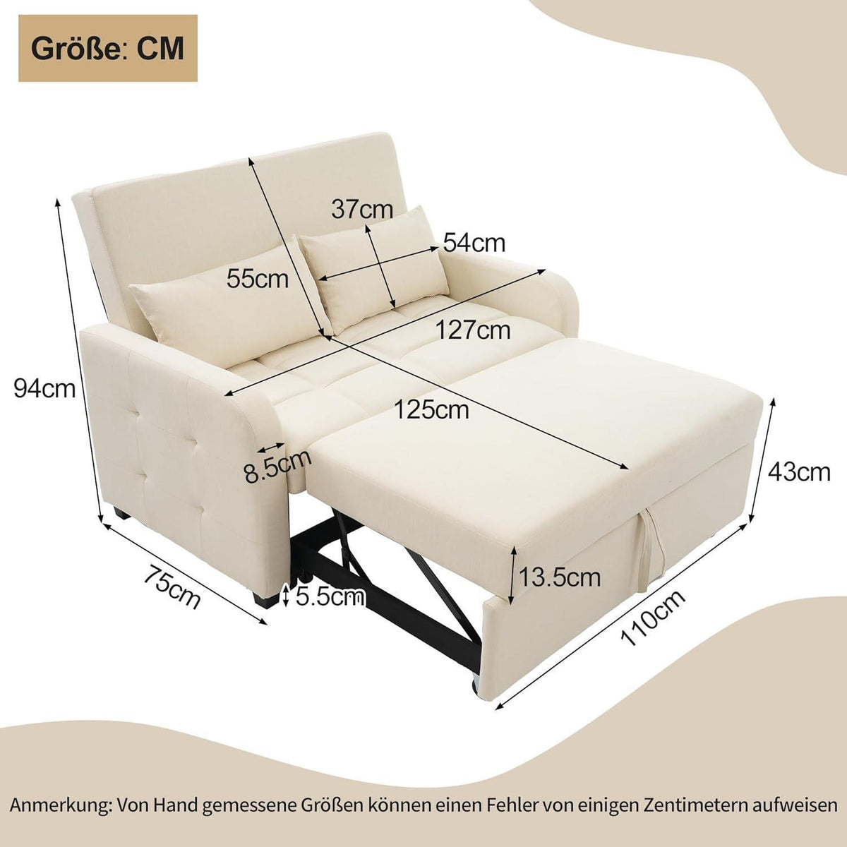 Schlafsofa 2-Sitzer mit Bettkasten & verstellbarer Lehne (Beige)