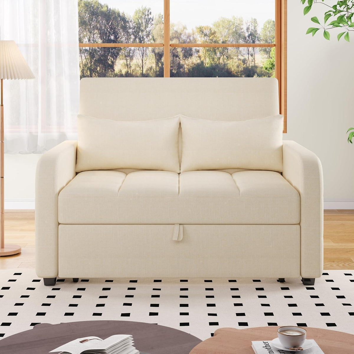 Schlafsofa 2-Sitzer mit Bettkasten & verstellbarer Lehne (Beige)