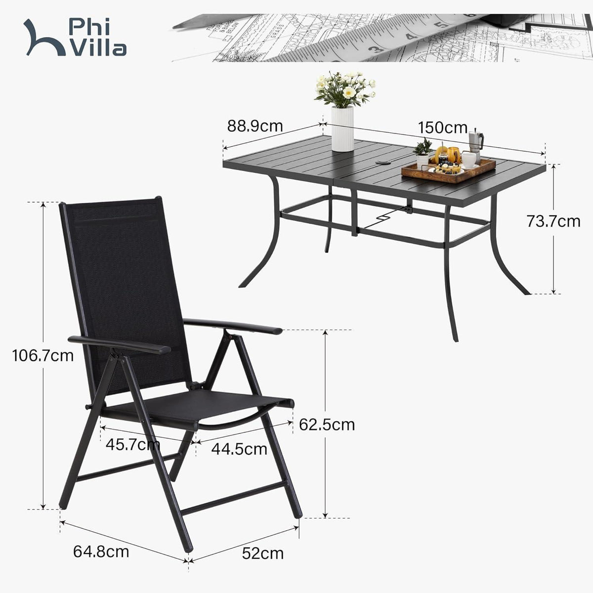 Gartenmöbel Set 6 Stühle & Tisch 152x90cm verstellbar wetterfest