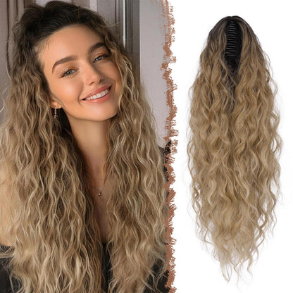 Wellig lockiger Pferdeschwanz mit Klammer, 65cm Ombre Blond Braun