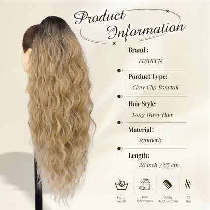 Wellig lockiger Pferdeschwanz mit Klammer, 65cm Ombre Blond Braun