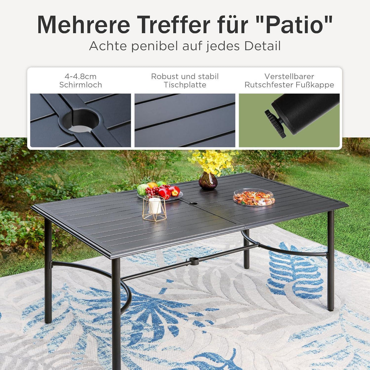 Gartenmöbel Set 6 Personen, verstellbare Stühle, Tisch 170cm, Schwarz