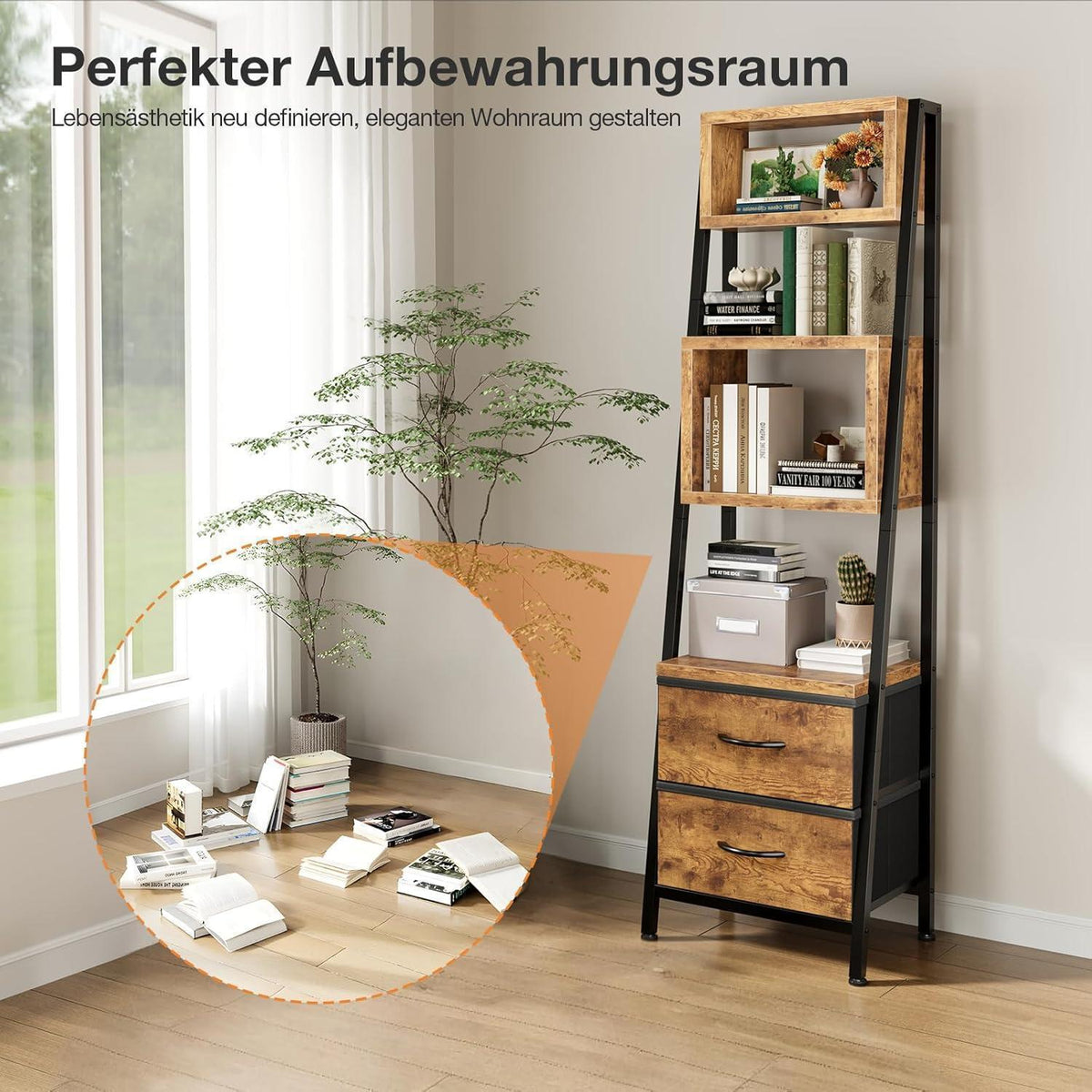 Schmales Bücherregal mit 5 Regalen & 2 Stoffschubladen