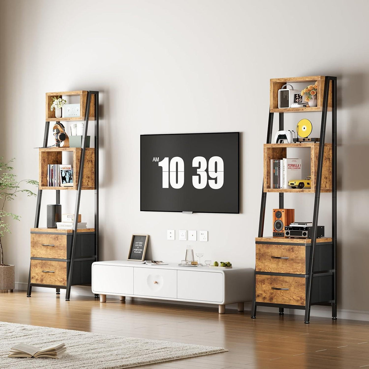 Schmales Bücherregal mit 5 Regalen & 2 Stoffschubladen