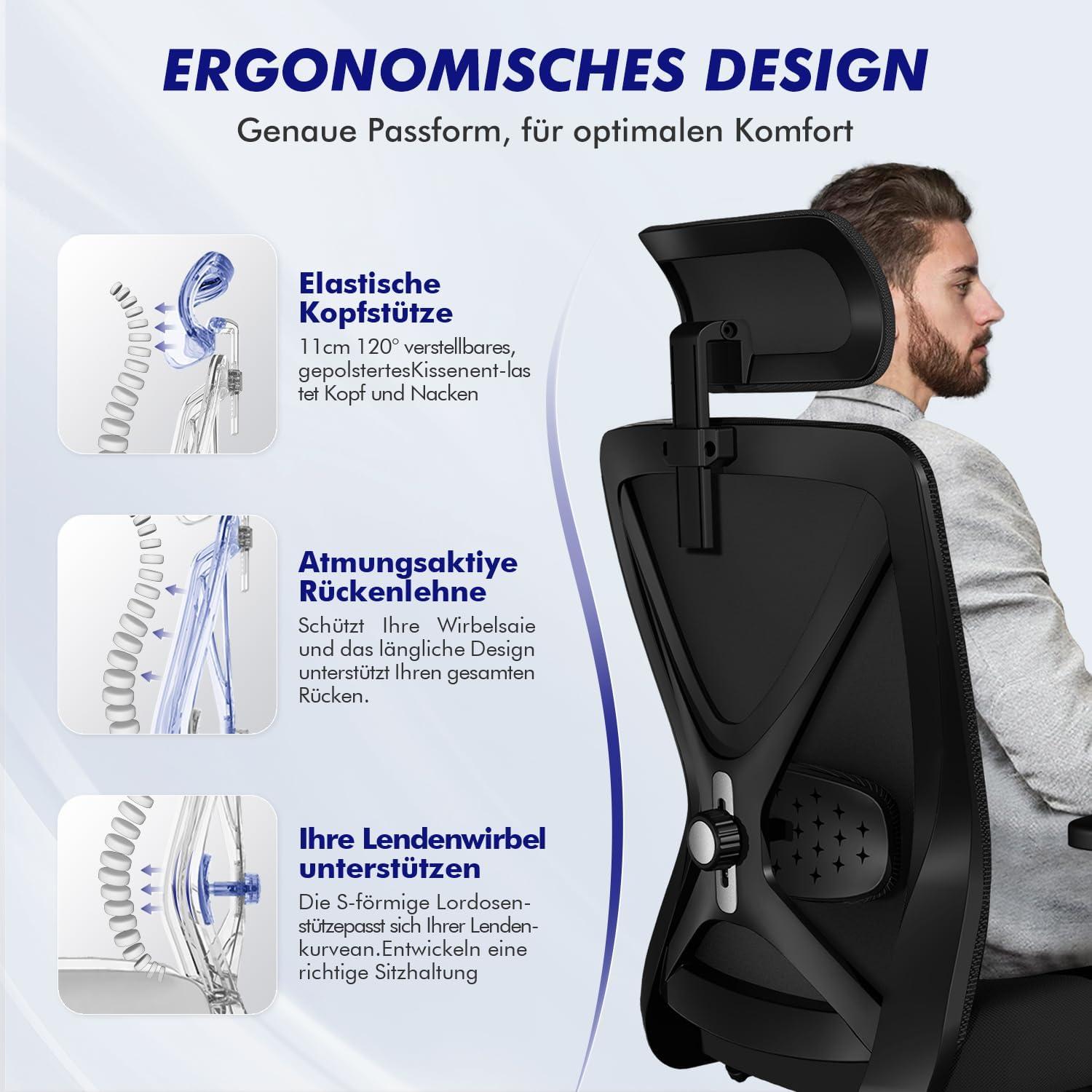Ergonomischer Bürostuhl mit verstellbaren Armlehnen & Lendenstütze