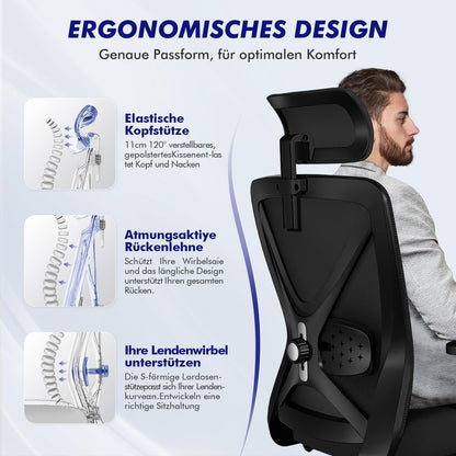 Ergonomischer Bürostuhl mit verstellbaren Armlehnen & Lendenstütze