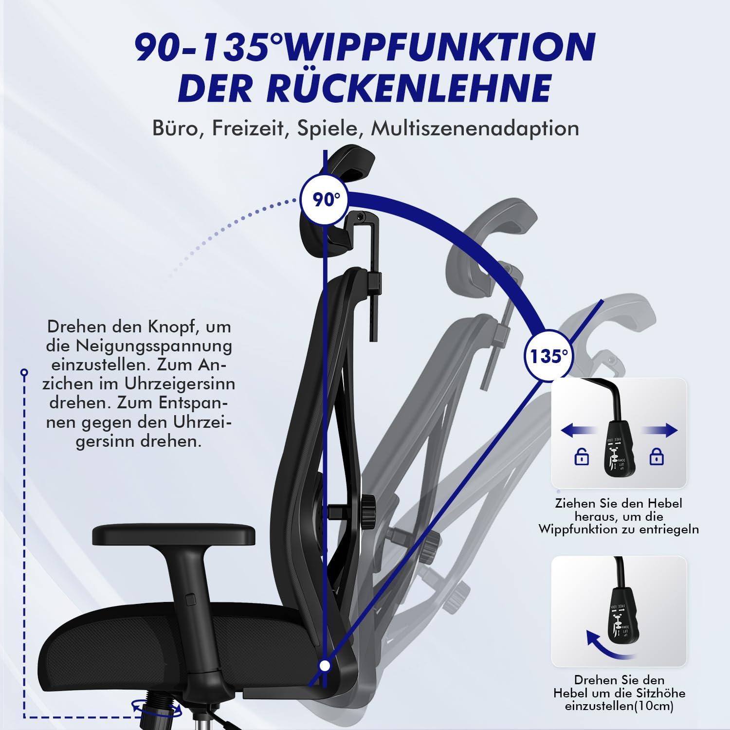 Ergonomischer Bürostuhl mit verstellbaren Armlehnen und Wippfunktion