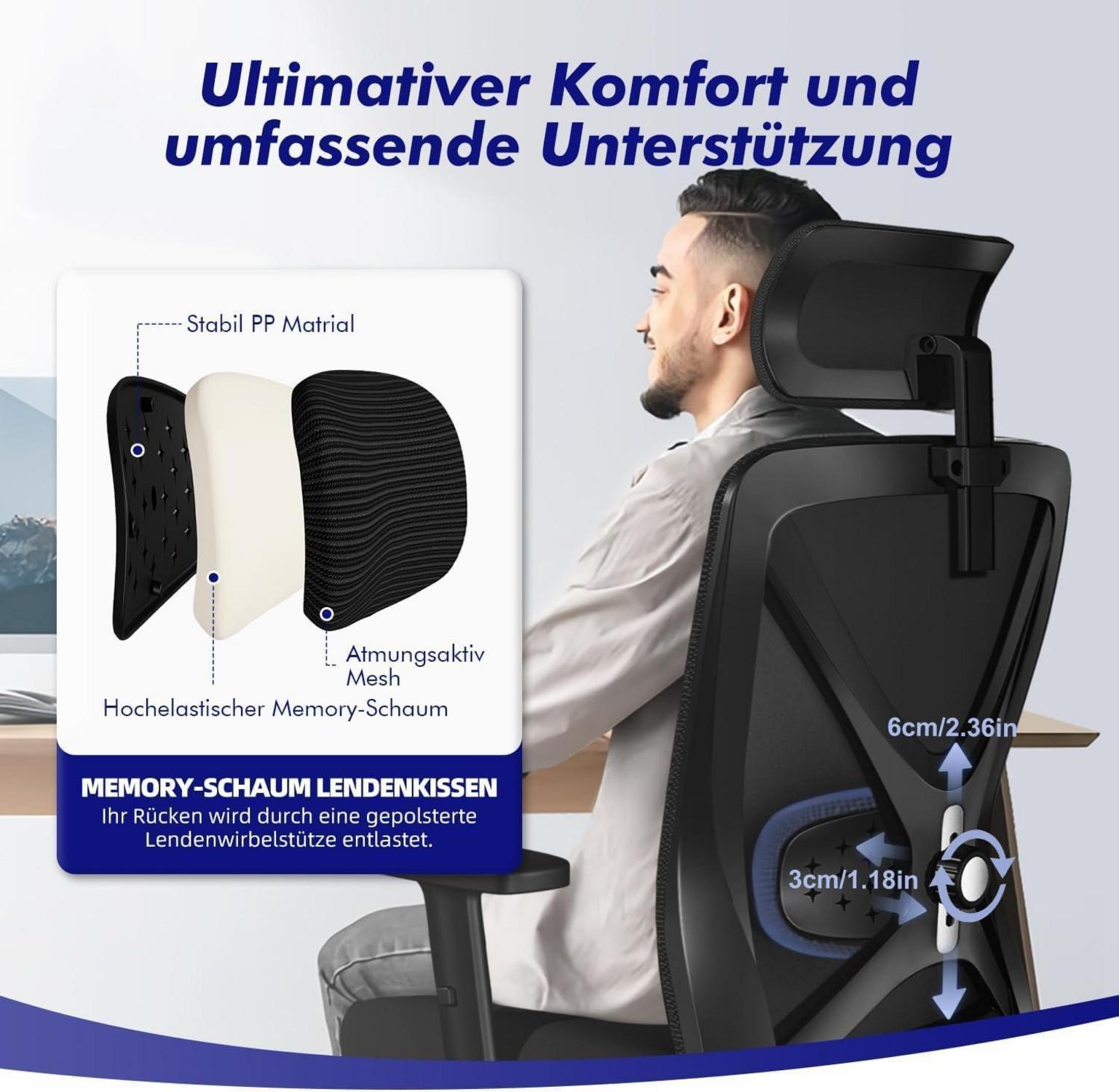 Ergonomischer Bürostuhl mit verstellbaren Armlehnen und Lendenstütze