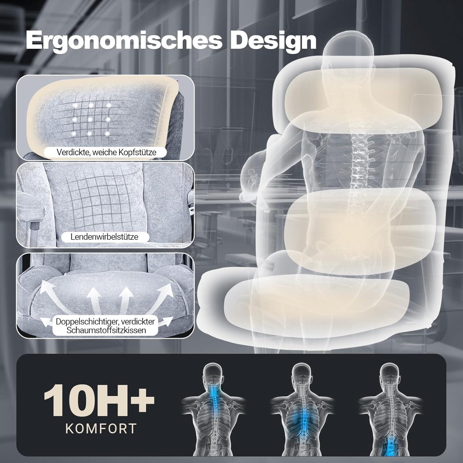 Bürostuhl 200KG Chefsessel Gasfeder Samt 52cm Sitztiefe ergonomisch
