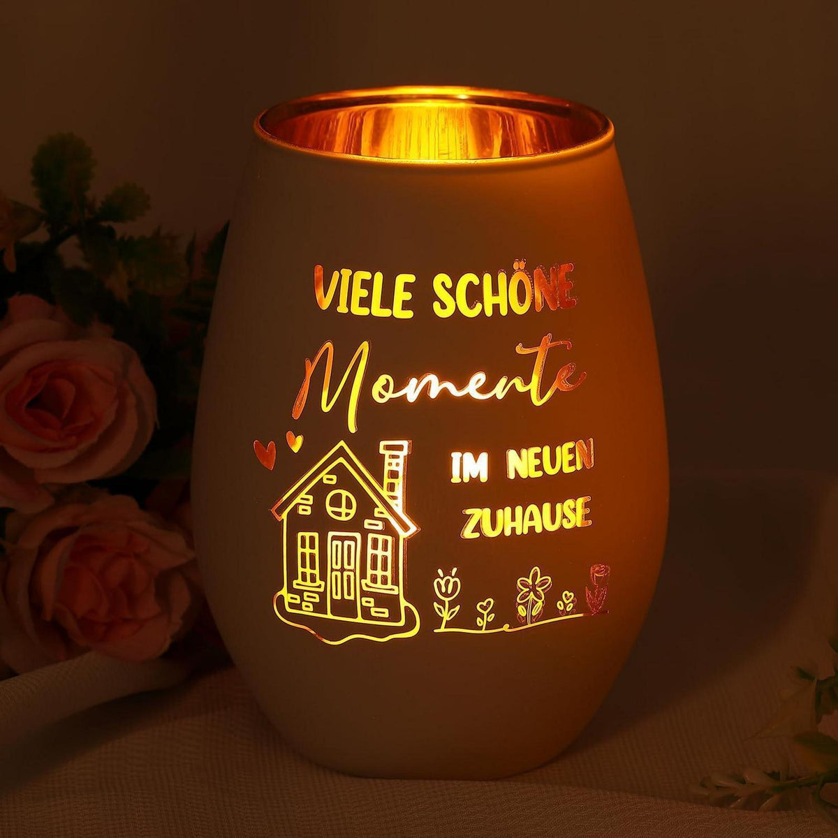 Windlicht aus Glas mit Gravur "Viele schöne Momente"