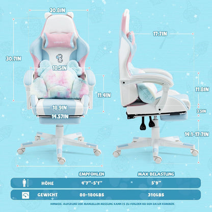 Gaming Stuhl Niedlich mit Ohren & Kawaii Kissen, BlauPink