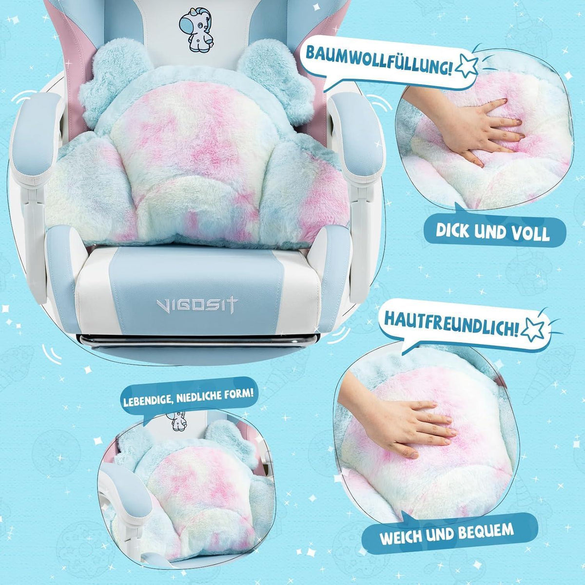 Gaming Stuhl Niedlich mit Ohren & Kawaii Kissen, BlauPink