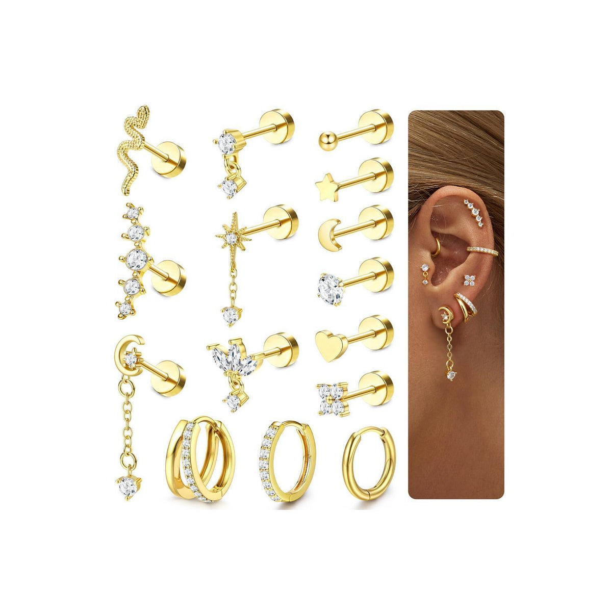 Helix Piercing Set für Damen | 15pcs Gold & Silber Ohrringe